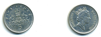 Великобритания 5 пенсов 1992 Елизавета II (1952-2022) KM 937b, Spink 4372 (D4) медно-никель 59-1246