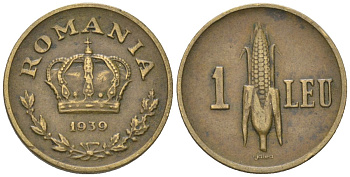 Румыния 1 лей 1939 Кароль II (1930-1940) KM 56 никель латунь 218-335