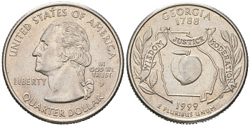 США 25 центов = квотер = 1/4 доллара 1999 P, квотер штата Джорджия KM 296 медь плакированная медно-никелем UNC 183-212