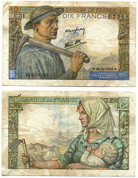 Франция 10 франков 1942 26 ноября 1942, signatures: Rousseau & Favre-Gilly Pick 98b бумага 7215-8-1-1