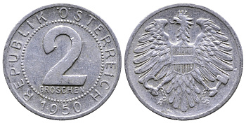 АВСТРИЯ 2 ГРОША 1950 ПЕРВЫЙ ГОД KM 2876 алюминий 26-1146