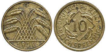 ГЕРМАНИЯ 10 РЕЙХСПФЕННИГОВ 1931 G, ВЕЙМАРСКАЯ РЕСПУБЛИКА, ЦЕНА ПО МТ 400 ЕВРО Weege 9, J. 317, KM 40 алюминиевая бронза 72-1726