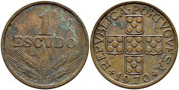 Португалия 1 эскудо 1970 KM 597 бронза 4394-734