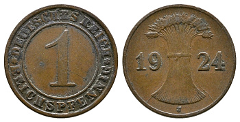 ГЕРМАНИЯ 1 РЕЙХСПФЕННИГ 1924 J KM 37, J.313 бронза 4380-1066