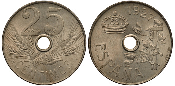 Испания 25 сентимо 1927 PC-S, Альфонсо XIII  KM 742 медно-никель aUNC 1522-422