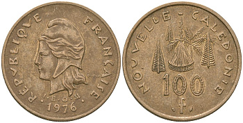 Французская Новая Каледония 100 франков 1976 хижина среди сосен и пальм, (IEOM) KM 15, Schoen 16, Lec 130 никель бронза 88-332