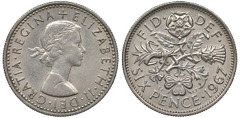 Великобритания 6 пенсов 1967 Елизавета II (1952-2022) KM 903, Spink 4149 медно-никель 4122-632
