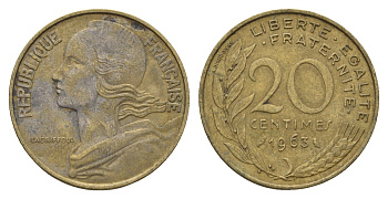 Франция 20 сантимов 1963 KM 930 алюминиевая бронза 4673-1112