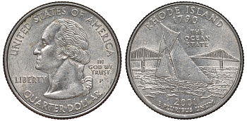 США 25 центов = квотер 2001 Р, серия штаты США, Род-Айленд KM 320 медь плакированная медно-никелем 4538-1256