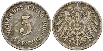 Германия 5 пфеннигов 1909 A KM 11, J. 12 медно-никель 4151-515