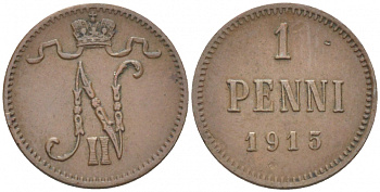 РОССИЯ ДЛЯ ФИНЛЯНДИИ 1 ПЕННИ 1915 НИКОЛАЙ II KM 13, Биткин 475 медь 211-1013