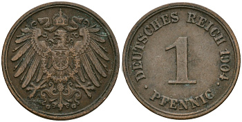 Германия 1 пфенниг 1904 G, Вильгельм II (1888-1918) KM 10, J. 10 медь 4608-231