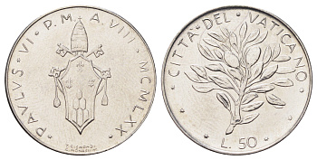 Ватикан 50 лир 1970 MCMLXX KM 121 нержавеющая сталь UNC 4700-645