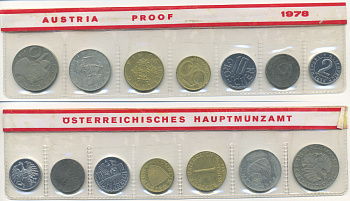 Австрия набор из 7 монет  1978  2, 5, 10, 50 грошей, 1, 5, 10 шиллингов, в целлофане KM PS 38 PROOF 00-00