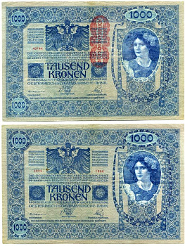 АВСТРИЯ 1000 КРОН 1919 КРАСНАЯ ВЕРТИКАЛЬНАЯ НАДПЕЧАТКА НА 1902 Pick 59 бумага 7551-27-2-1