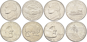 США полный набор из 4 монет (5 центов) 2004 и 2005 200 лет экспедиции Льюиса и Кларка KM 360, 361, 368 и 369 медно-никель UNC 4668-951-954