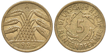 Германия 5 рентенпфеннигов 1924 A KM 32, J. 308 алюминиевая бронза 4174-459
