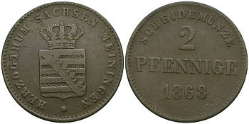 Саксен-Мейнинген 2 пфеннига 1868 Георг II (1866-1914) KM 174 медь 99-662