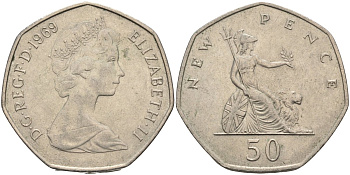 Великобритания 50 пенсов 1969 Елизавета II (1952-2022) KM 913, Spink 4223 (H1) медно-никель 4578-131