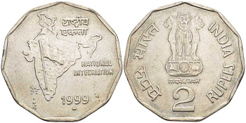 Индия 2 рупии 1999 тип С KM 121.5 медно-никель 210-843