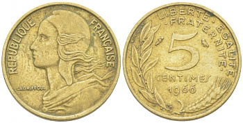 ФРАНЦИЯ 5 САНТИМОВ 1966 ТИП MARIANNE KM 933, LE FRANC 125.2 алюминиевая бронза 4516-769