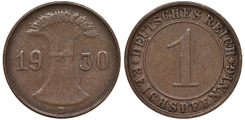 Германия 1 рейхспфенниг 1930 D KM 37 бронза 4164-218