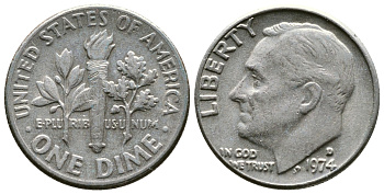 США 10 центов (дайм) 1974 D, Франклин Рузвельт KM 195а медь плакированная медно-никелем 51-5053