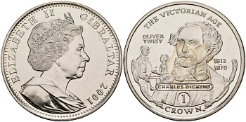 Гибралтар 1 крона 2001 серия Викторианский век, Чарльз Диккенс, Оливер Твист KM 922 медно-никель UNC 4578-431