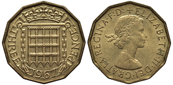 Великобритания 3 пенса 1967 Елизавета II (1952-2022) KM 900, Spink 4153 никель латунь 4538-1141