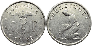 БЕЛЬГИЯ 1 ФРАНК 1929 BELGIQUE KM 89 никель 23-1055