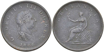 Великобритания 1/2 пенни 1806 Георг III (1760-1820) KM 662, Spink 3781 медь 32-342