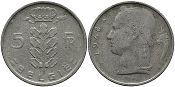 БЕЛЬГИЯ 5 ФРАНКОВ 1948 BELGIE KM 135.1 медно-никель 98-532