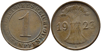 ГЕРМАНИЯ 1 РЕНТЕНПФЕННИГ 1923 E KM 30, J. 306 бронза 4387-1121
