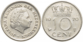 Нидерланды 10 центов 1970 Юлиана (1948-1980) KM 182 никель 112-344