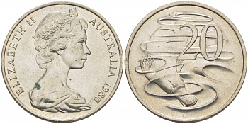 АВСТРАЛИЯ 20 ЦЕНТОВ 1980 ЕЛИЗАВЕТА II, МОЛОДОЙ ПОРТРЕТ, УТКОНОС KM 66 медно-никель 3457-214