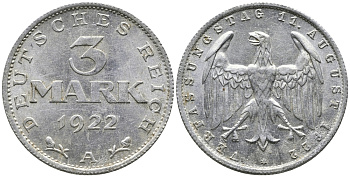 Германия 3 марки 1922 A, третья годовщина Веймарской Конституции KM 29, J. 303 алюминий 38-245