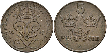 Швеция 5 эре 1929 Густав V (1907-1950) KM 779.2 бронза 4557-616
