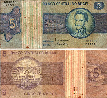 БРАЗИЛИЯ 5 КРУЗЕЙРО 1973 СЕРИЯ В06339, ПОДПИСЬ 17, ПЕДРУ I, ИМПЕРАТОР БРАЗИЛЬСКОЙ ИМПЕРИИ Pick 192b бумага 8604-46-2-1