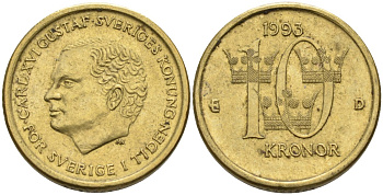 Швеция 10 крон 1993 B, Карл XVI Густав (1973- ) KM 877 медь алюминий цинк 4592-157
