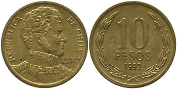 Чили 10 песо 1993 So KM 228.2, Schon 82 алюминиевая бронза aUNC 4544-511