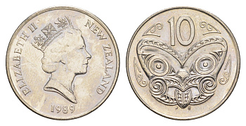 Новая Зеландия 10 центов 1989 Елизавета II (1952-2022), маска маори KM 61 медно-никель UNC 4652-653