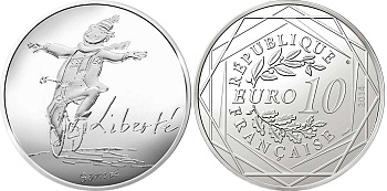 Франция 10 евро 2014 карикатуры Жан-Жака Сампе, зима-свобода, человек в шарфе на велосипеде, в оригинальном буклете KM NEW серебро UNC 1-4-3-05