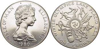 Остров Мэн 1 крона 1980 Зимние Олимпийские игры 1980 года в Лейк-Плэсиде, виды спорта KM 64 медно-никель UNC 107-533