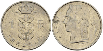 БЕЛЬГИЯ 1 ФРАНК 1967 BELGIE KM 143.1 медно-никель 4546-411
