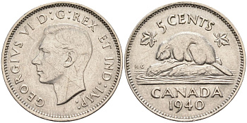 Канада 5 центов 1940 бобр, Георг VI (1937-1952) KM 33 никель 4592-947