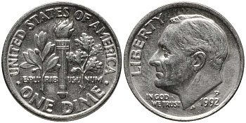 США 10 ЦЕНТОВ = 1 ДАЙМ 1992 Р, РУЗВЕЛЬТ KM 195а медь плакированная медно-никелем 112-637