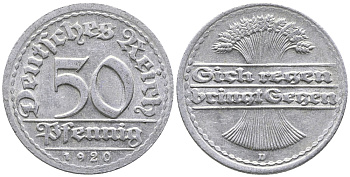 ГЕРМАНИЯ 50 ПФЕННИГОВ 1920 D KM 27, J. 301 алюминий 24-945