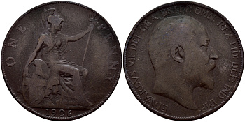 Великобритания 1 пенни 1906 Эдуард VII (1901-1910) KM 794.2, Spink 3990 бронза 75-312