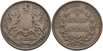 Британская Индия 1/2 анна 1835 M, Британская Ост-Индская компания, Мадрас, диаметр 30,8 мм. KM 447.1 медь 88-921