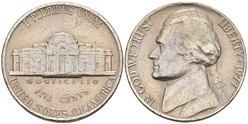 США 5 ЦЕНТОВ 1977 ДЖЕФФЕРСОН KM A192 медно-никель 190-124